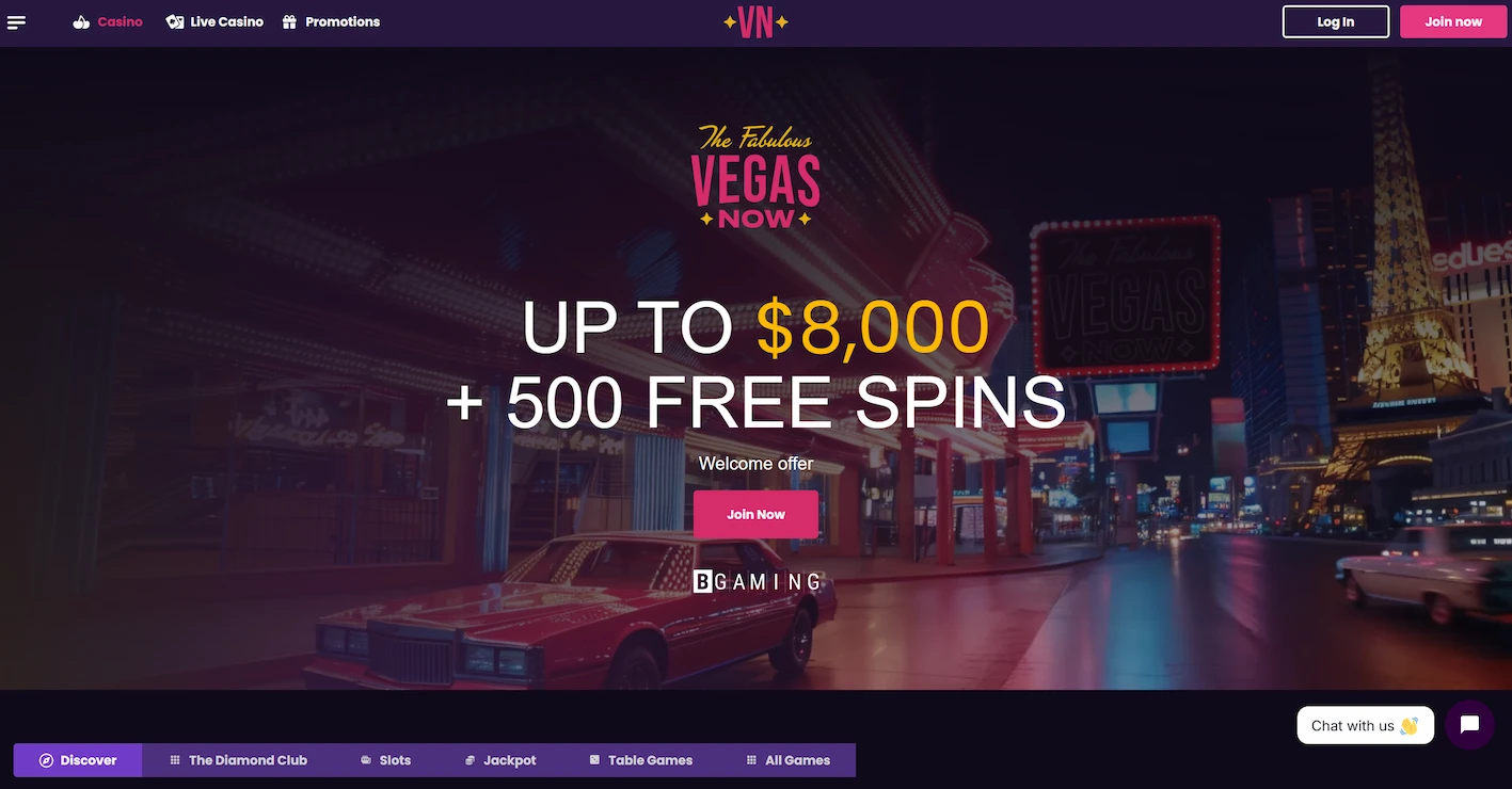 VegasNow casino frontpage displaying welcome offer and site main navigation