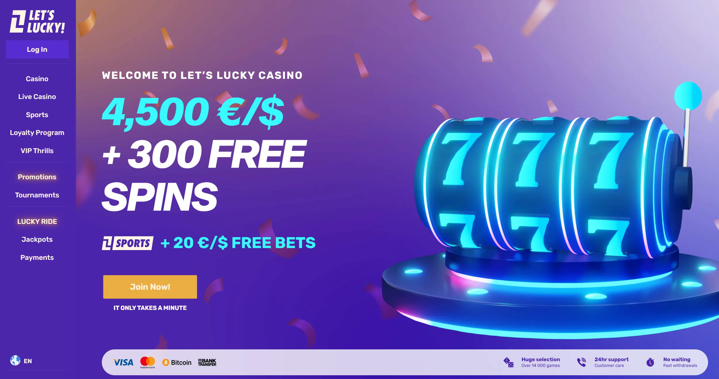 Lets Lucky casino frontpage displaying welcome offer and site main navigation