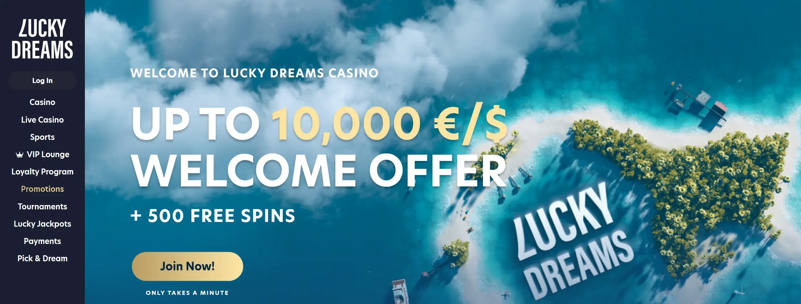 Lucky Dreams frontpage displaying welcome bonus offer and site main navigation