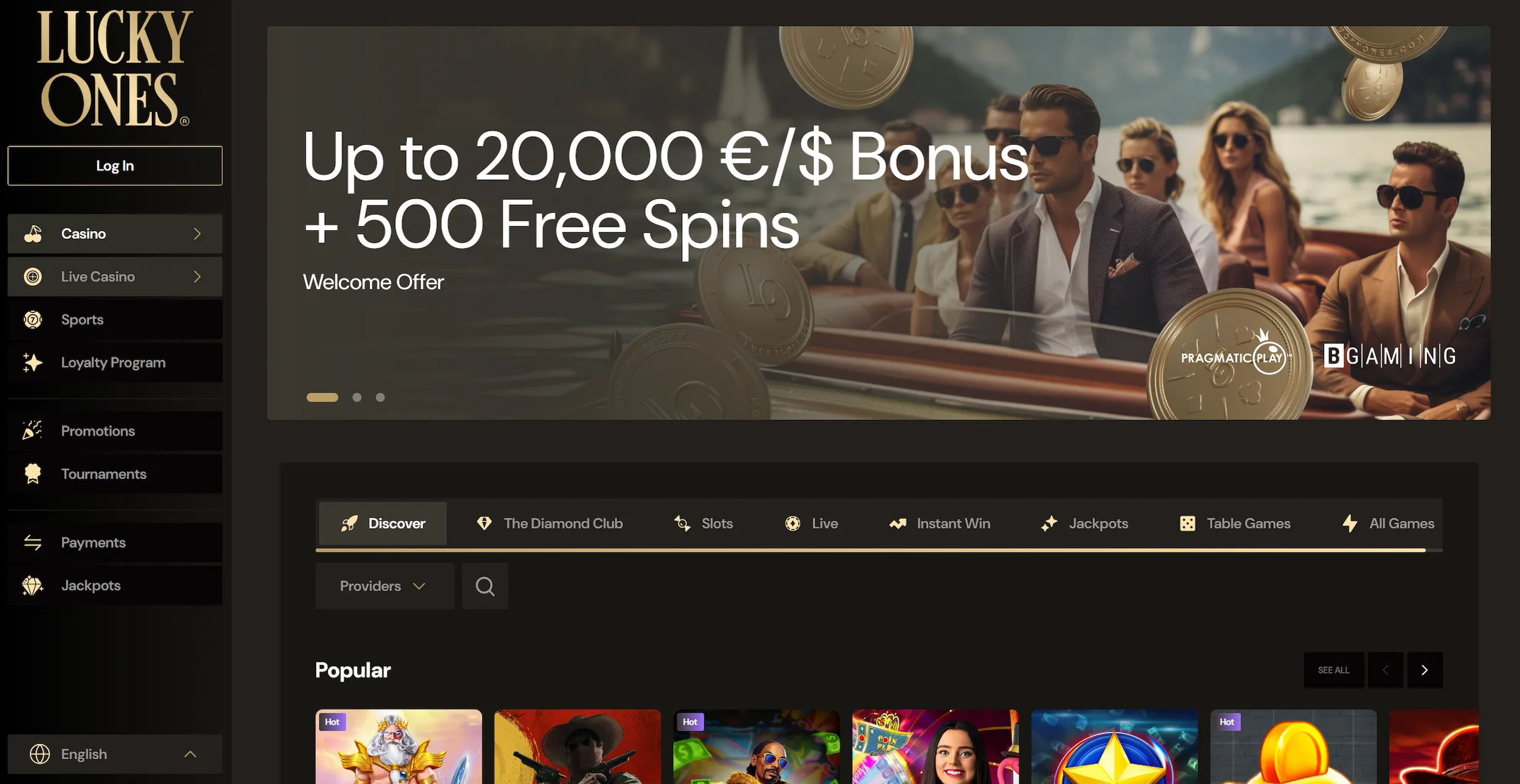 LuckyOnes casino frontpage displaying welcome bonus offer, online pokies and site main navigation