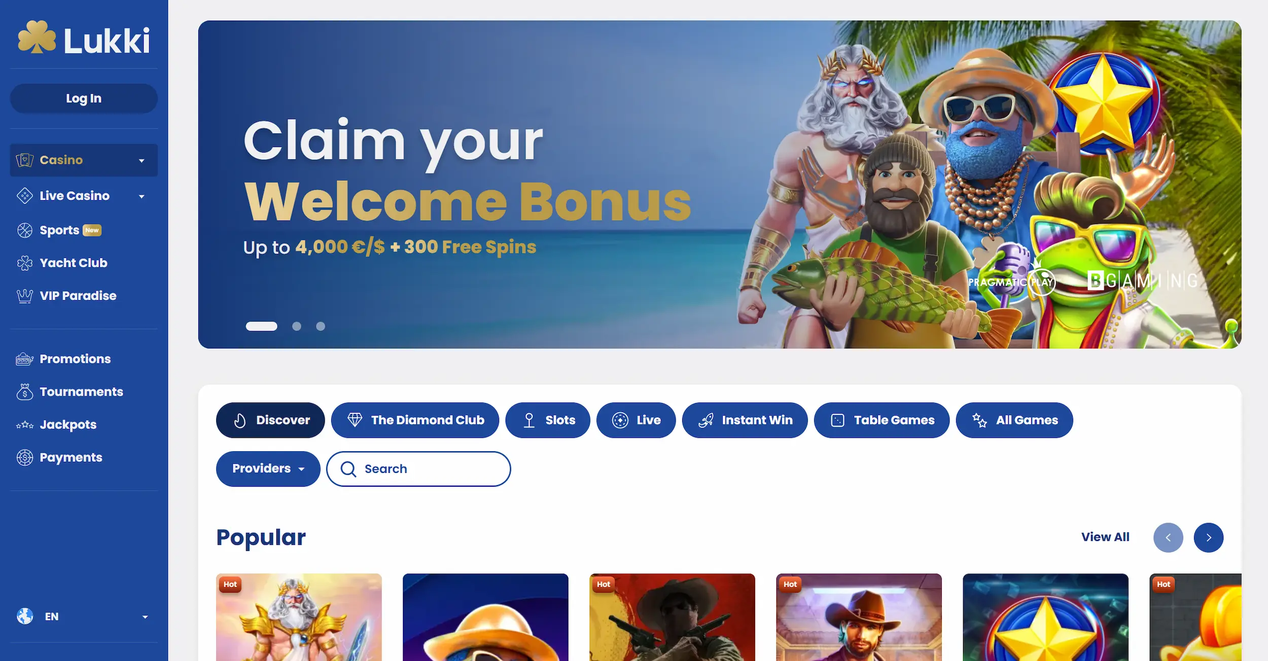 Lukki Casino frontpage displaying welcome bonus offer, online pokies selection and site main navigation
